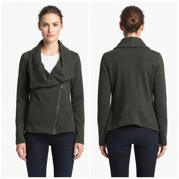 H by bordeaux Jackets & Blazers - H by Bordeaux Sweatshirt Womens Asymmetric Zip Jacket Heather Olive Shawl Collar